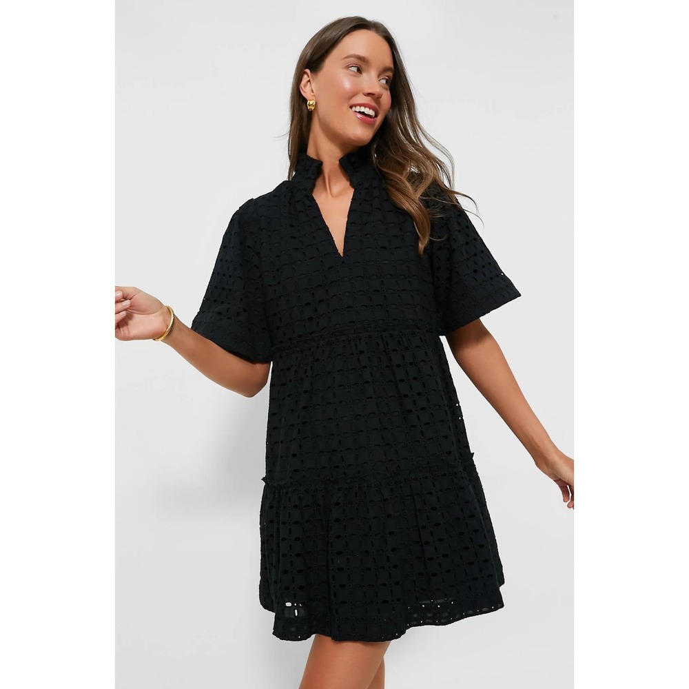 Tuckernuck Black Eyelet Tiered Mini Dress Ruffle Neck Short Sleeve XXS